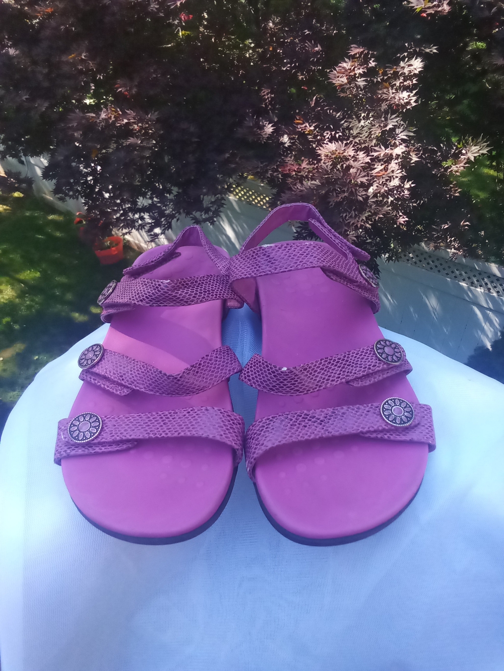 Vionic Cathy Purple Snakeprint Strappy  Sandals Orthaheel Comfort Outdoor Size 8